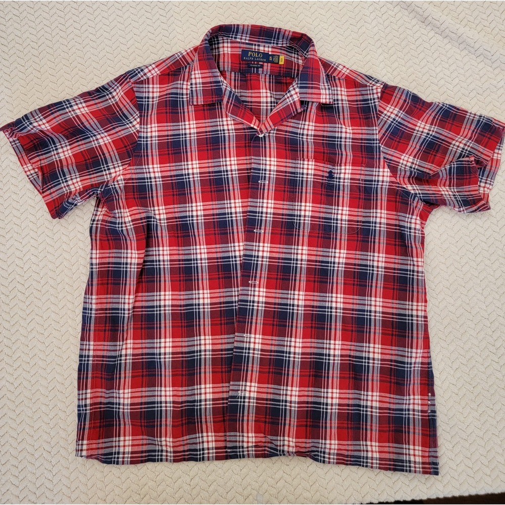 Ralph Lauren Classic Fit XL Plaid Short Sleeve Button-Down Woven Shirt Red Blue